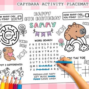 Capybara Activity Placemat, Capybara Coloring Page, Capybara Birthday Party Kids Activity Games | Canva Editable Printable Instant Download