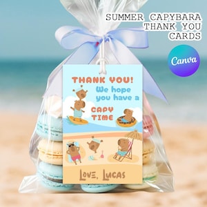 Cartões de agradecimento de capivara de verão, cartões de agradecimento fofos de capivara para meninos, artigos para festa de capivara | Canva EDITÁVEL para impressão, download instantâneo