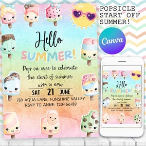 Eis am Stiel-Party Einladung, Süßes Aquarell Eis Hallo Sommerparty einladen, Schulabschlussfeier | Canva bearbeitbare druckbare Inst-Download
