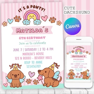 Dackel Geburtstagseinladung, Süßes Mädchen Rosa Dackel Welpe Party Einladen, Welpe Geburtstagskarte | Canva bearbeitbares, druckbares Sofort-Download