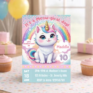 Inbjudan till Caticorn, inbjudan till katt-enhörningsfest, inbjudan till regnbågsfärgad Caticorn-födelsedag, alla åldrar | REDIGERBAR utskrivbar direktnedladdning