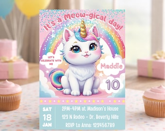 Invitación de gato, invitación para fiesta de unicornio y gato, invitación de cumpleaños de gato arcoíris, para cualquier edad / EDITABLE, imprimible, descarga instantánea