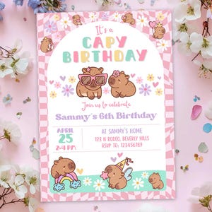 Capybara Birthday invitation, Cute Floral Pink Girls Capybara Party Invite, Spring Capy Birthday