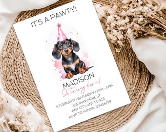 Dachshund Birthday Invitation, Pink Watercolor Sausage Puppy Dog Party Invite (Editable Canva Template)