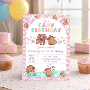 Capybara Birthday invitation, Cute Floral Pink Girls Capybara Party Invite, Spring Capy Birthday | Canva EDITABLE Printable Instant Download