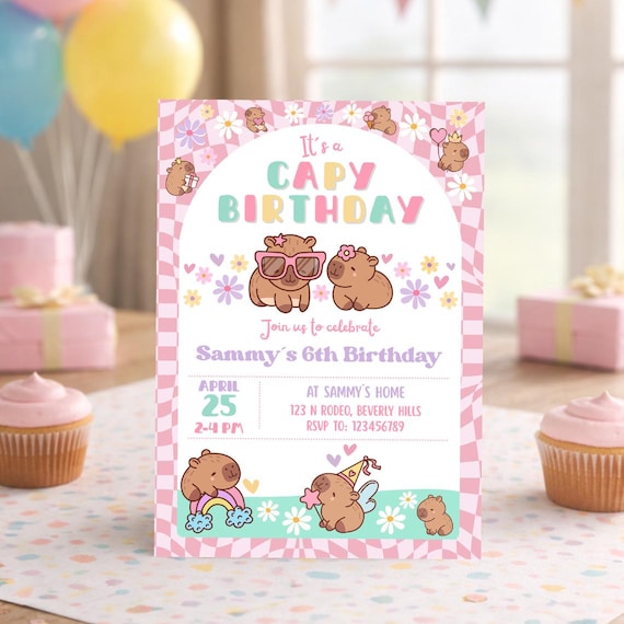 Capybara Birthday invitation, Cute Floral Pink Girls Capybara Party Invite, Spring Capy Birthday | Canva EDITABLE Printable Instant Download