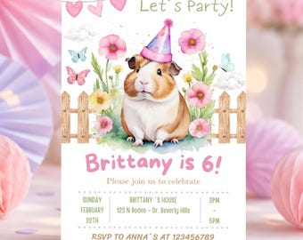 Guinea Pig Birthday Invitation, Floral Watercolor Guinea Pig Party Invite, Any Age (Editable Canva Template)