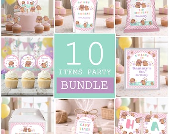 Floral Capybara Birthday Package, 10 Pieces Party Decorations Bundle (Editable Canva)