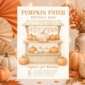 Pumpkin Patch Birthday Invitation, Vintage Fall Watercolor Pumpkin Stand Party Invite, Any Age (Editable Canva Template)