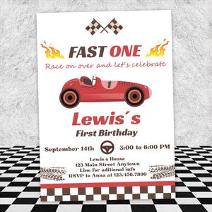 Editable Race Car Fast One Birthday Invitation Canva Template, Red Race Car 1st Bday Invite, Fast One Birthday | Printable Instant Download