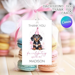 Dackel Danksagungskarten, niedliches Mädchen Aquarell Saus Hund Welpe Dankeschön | Canva EDITIERBARE Druckbare Sofort-Download