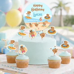 Sjabloon Capibara-verjaardagstaarttopper: bewerkbare decoraties voor het zomerzwembadfeest (canva, afdrukbaar, direct downloaden)