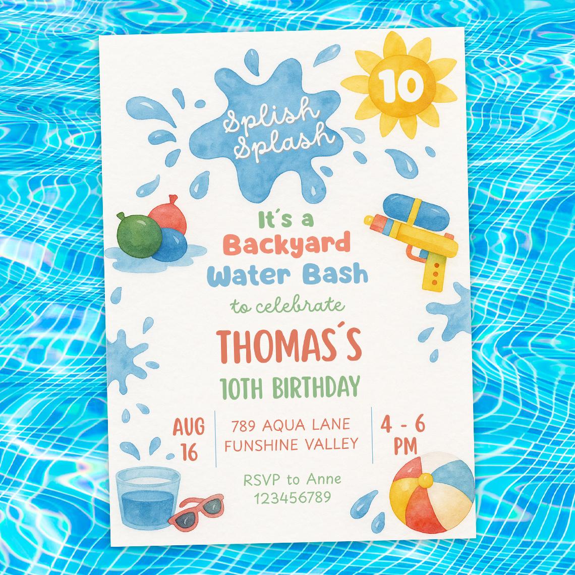 Water Gun Birthday Invitation, Boy Summer Water Splash Party Invite, Backyard Water Bash Invitation | Canva Editable Printable Inst Download