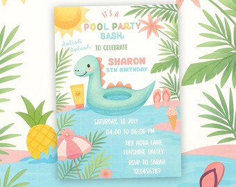 Editable Dinosaur Float Pool Party Birthday Invitation Canva Template, 5 x 7 in, Instant Download