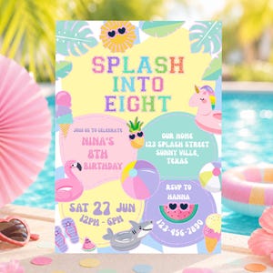 May include: A rectangular birthday invitation card with a yellow background featuring the text SPLASH INTO EIGHT. Graphics include a sun, pineapple, flamingo, shark, and watermelon with sunglasses, plus ice cream cones, a beach ball, and flip-flops.