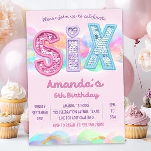 Sequin 6th Birthday Invitation, Patch Letters 6 Years Old Party Invite (Editable Canva Template)
