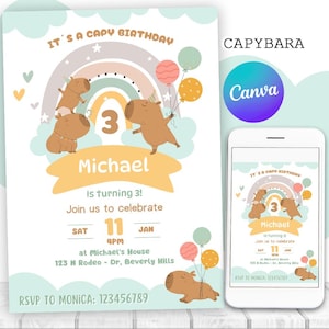 Capibara verjaardagsuitnodiging, leuke jongen capibara feestuitnodiging, capibara uitnodiging, elke leeftijd | Canvas BEWERKBAAR afdrukbaar direct downloaden