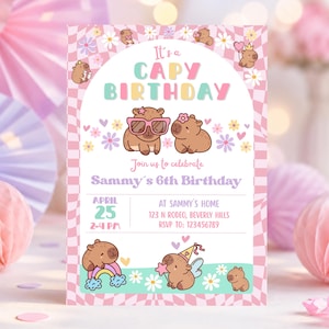Capybara Birthday invitation, Cute Floral Pink Girls Capybara Party Invite, Spring Capy Birthday