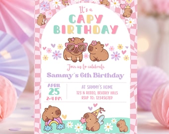 Capybara Birthday invitation, Cute Floral Pink Girls Capybara Party Invite, Spring Capy Birthday | Canva EDITABLE Printable Instant Download