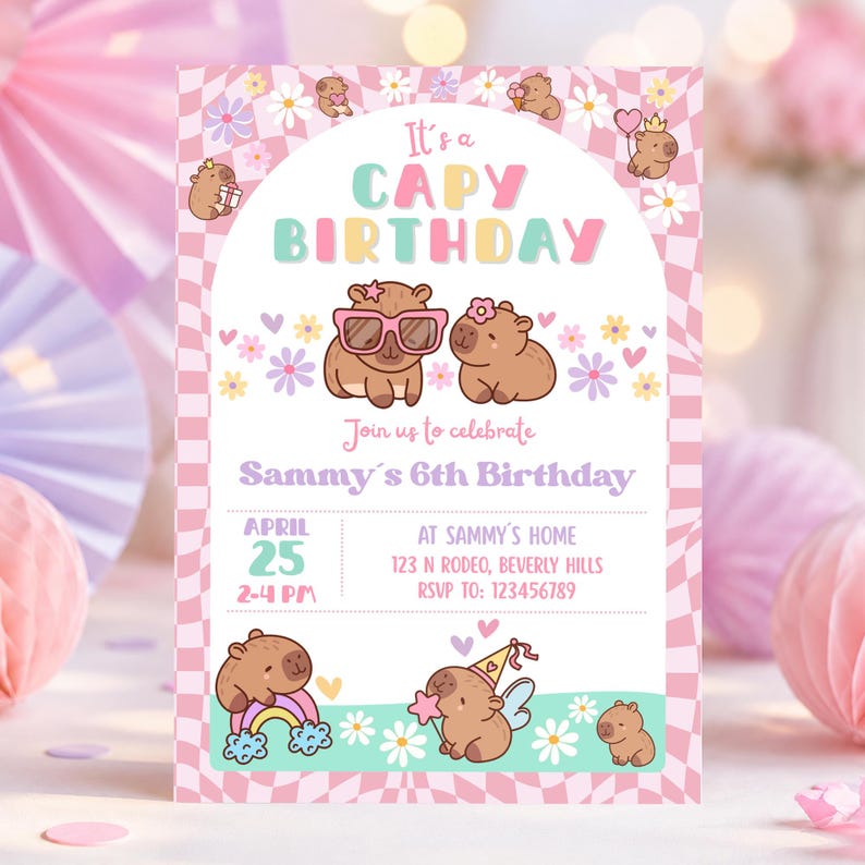 Capybara Birthday invitation, Cute Floral Pink Girls Capybara Party Invite, Spring Capy Birthday