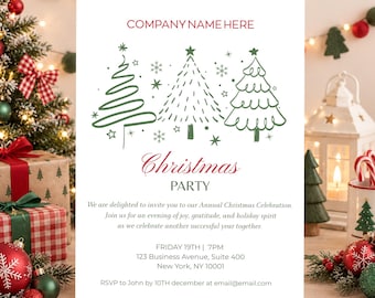 Puede incluir: Una tarjeta de invitación para una fiesta de Navidad blanca con tres árboles de Navidad dibujados con líneas verdes, texto en rojo que dice COMPANY NAME HERE y Christmas PARTY, y detalles para un evento el viernes 19 en 123 Business Avenue, Suite 400, New York.