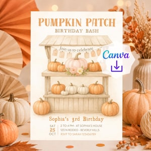 Editable Pumpkin Patch Birthday Invitation Template: Pumpkin Stand Girl Party Invite, Any Age (Canva, Digital Download)