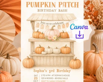 Peut inclure: Une carte d'invitation d'anniversaire avec une illustration aquarelle d'un stand de citrouilles en bois. Le texte indique : PUMPKIN PATCH BIRTHDAY BASH, Join us to celebrate, Sophia's 3rd Birthday, SAT 25 OCT, 2 TO 4 PM, 123 N RODEO, BEVERLY HILLS.