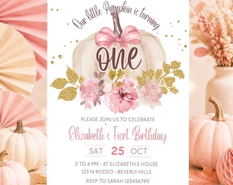 Editable Pink Floral Pumpkin 1st Birthday Invitation Template: ONE Fall Girl Party Invite (Canva, Digital Download)
