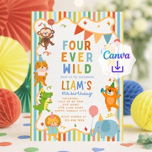 Peut inclure: Une carte d'invitation d'anniversaire rectangulaire avec une bordure à rayures verticales bleues, vertes et orange. Le texte indique FOUR EVER WILD, JOIN US TO CELEBRATE LIAM'S 4th birthday, SATURDAY, JULY 25 AT 2PM, OUR HOME, 1776 LION ROAD, HAPPY JUNGLE CITY, RSVP HANNA AT 123.456.7890. Les illustrations incluent un singe, un tigre, un crocodile, un lion et un éléphant portant des chapeaux de fête.
