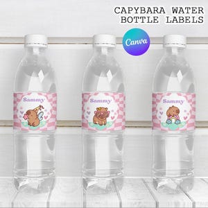 Capybara Water Bottle Labels, Cute Floral Pink Capybara Bottle Wrapper, Capybara Party Supplies | Canva EDITABLE Printable Instant Download