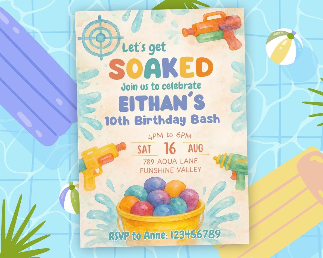 Water Gun Summer Birthday Invitation Template, Backyard Water Bash