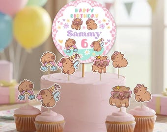 Capybara Cake Topper, Cute Floral Pink Girls Capybara Cake Decorations, Capybara Party Supplies | Canva EDITABLE Printable Instant Download