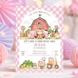 Pink Farm Birthday Invitation: Girl Barnyard Animals Party Invite, Any Age (Editable Canva Template)