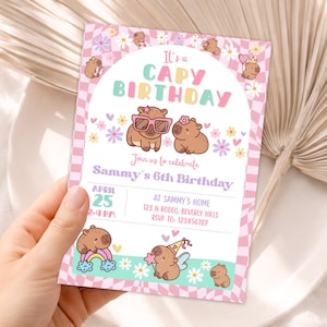 Capybara Birthday invitation, Cute Floral Pink Girls Capybara Party Invite, Spring Capy Birthday