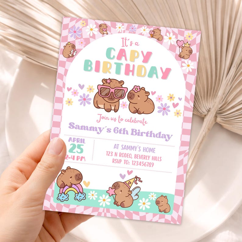 Capybara Birthday invitation, Cute Floral Pink Girls Capybara Party Invite, Spring Capy Birthday