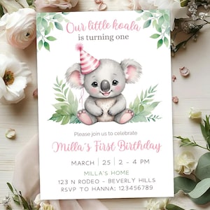 Editable Watercolor Baby Koala Birthday Invitation Template Canva, 5 x 7 in, Any Age. Printable & Mobile. Instant Download