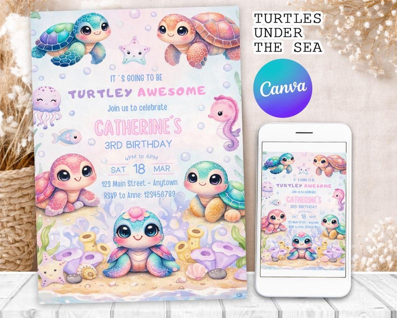 Sea Turtle Birthday Invitation: Ocean Party Invite, Any Age (editable ...