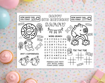 Capybara Activity Placemat, Capybara Coloring Page, Capybara Birthday Party Kids Activity Games | Canva Editable Printable Instant Download