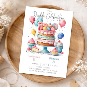 Watercolor Sibling Birthday Invitation, Joint Party Invite, Any Age (Editable Canva Template Instant Download)