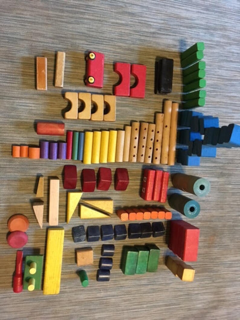 Vintage Wood Wooden Building Blocks Playskool 140 Pc Lot Toys