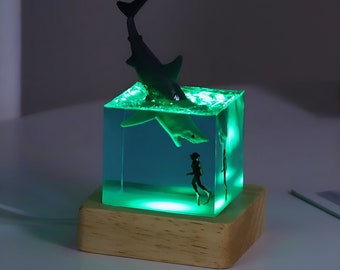Dolphin Shark Night Light - Scuba Diver, Whale Animal, Resin Cube, Epoxy Resin Lamp, Creative Art, Decoration Lamp, Mothers Day Gift