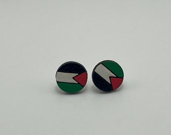 Handcrafted Palestinian Flag Wood Round Earrings - Unique Artisanal Accessories