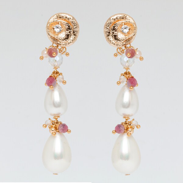 Dynasty Earrings, Celestial Jewelry, Gold Plated Jewelry, Pink Tourmaline Earrings, Handmade Jewelry, Gemstone Jewelry
