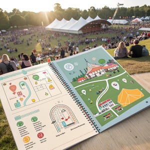 May include: An open spiral-bound notebook with colorful illustrations of a festival map and other graphics. The notebook is open, revealing detailed drawings of buildings, a tent, and a map with icons. The background shows a large crowd of people at an outdoor event.