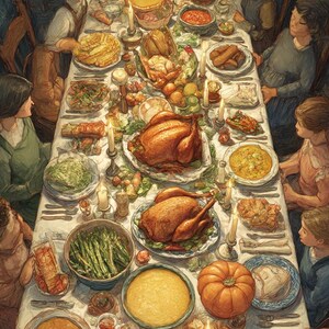 May include: An illustration of a festive dinner table laden with food. Two roasted turkeys are the centerpiece, surrounded by various dishes, vegetables, and a pumpkin. Lit candles and people seated around the table create a warm, inviting scene.