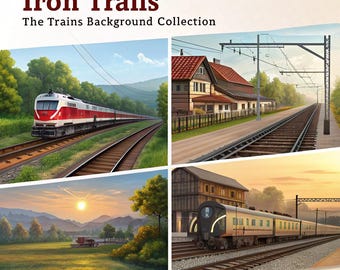 Può includere: Un collage di quattro immagini con scene di treni. In alto a sinistra, un treno rosso e bianco sui binari. In alto a destra, una stazione ferroviaria. In basso a sinistra, un tramonto su un campo. In basso a destra, un treno sui binari. Il testo recita "Iron Trails".