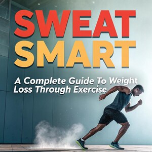 May include: Book cover with the title "SWEAT SMART" in large red and yellow letters. Below, the text reads "A Complete Guide To Weight Loss Through Exercise." A person is running in the lower right corner.