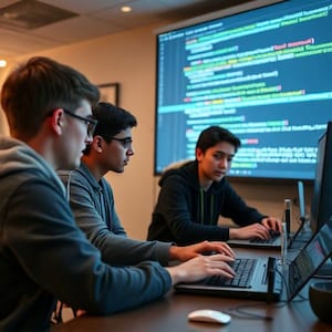 Op de afbeelding: Drie mensen zitten aan een tafel, geconcentreerd op hun laptops. Een groot scherm toont lijnen code op de achtergrond. De scène suggereert een gezamenlijke codeer- of programmeersessie, met de nadruk op technologie en teamwork.