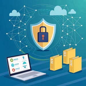 以下が含まれることがあります： データセキュリティのコンセプトのイラスト。ラップトップ、黄色のファイルフォルダー、南京錠付きのシールドが、クラウドとネットワークのグラフィックを備えた青い背景に設定されています。画像はデータ保護とプライバシーを伝えます。