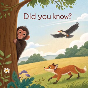 Könnte beinhalten: Kinderbuchillustration mit einem Affen, der hinter einem Baum hervorlugt, einem Fuchs, der über eine Wiese rennt, und einem Vogel im Flug. Der Text "Did you know?" ist in einer weinroten Schriftart oben im Bild zu sehen.